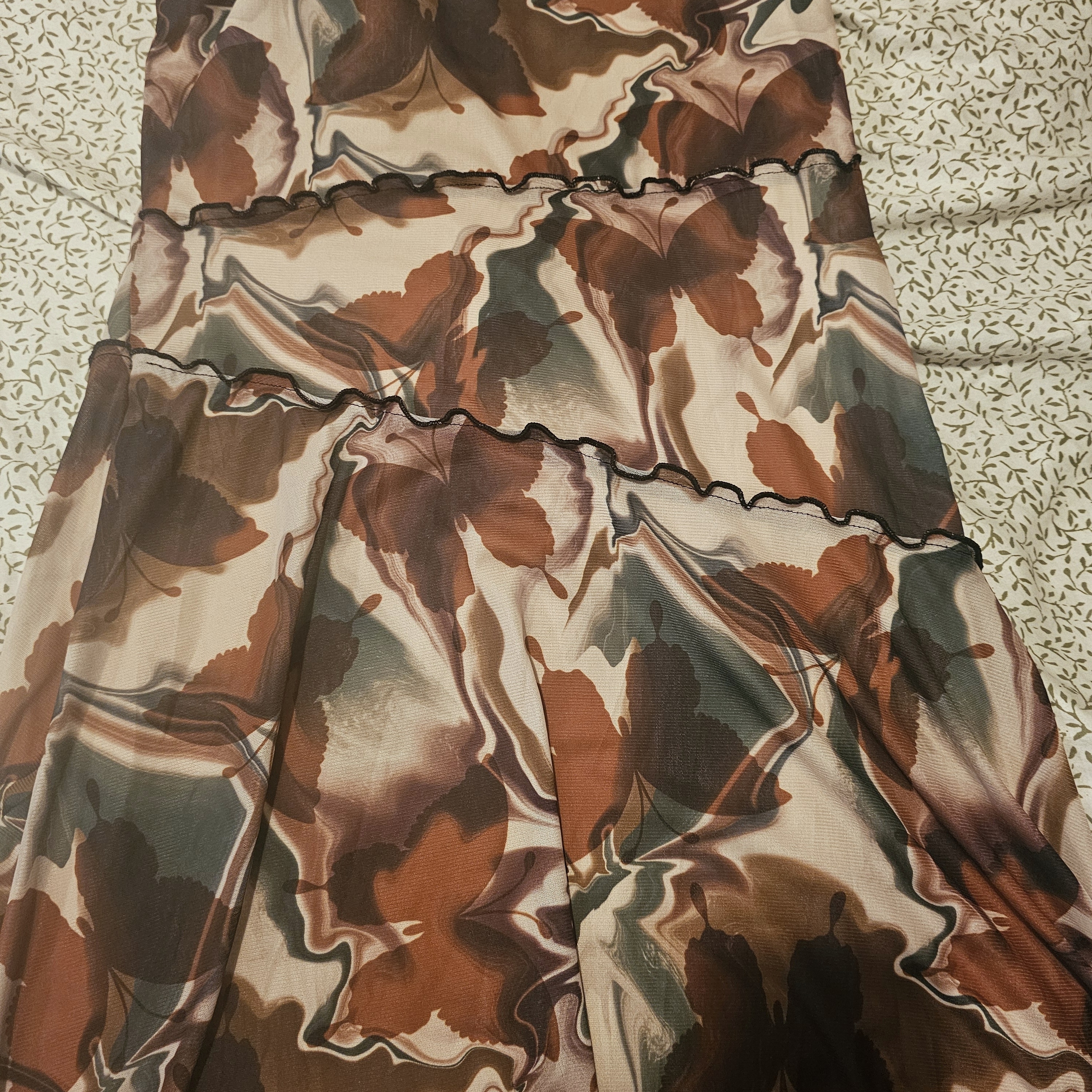 Womens Tiered Floral Print Midi Skirt - Brown Multi